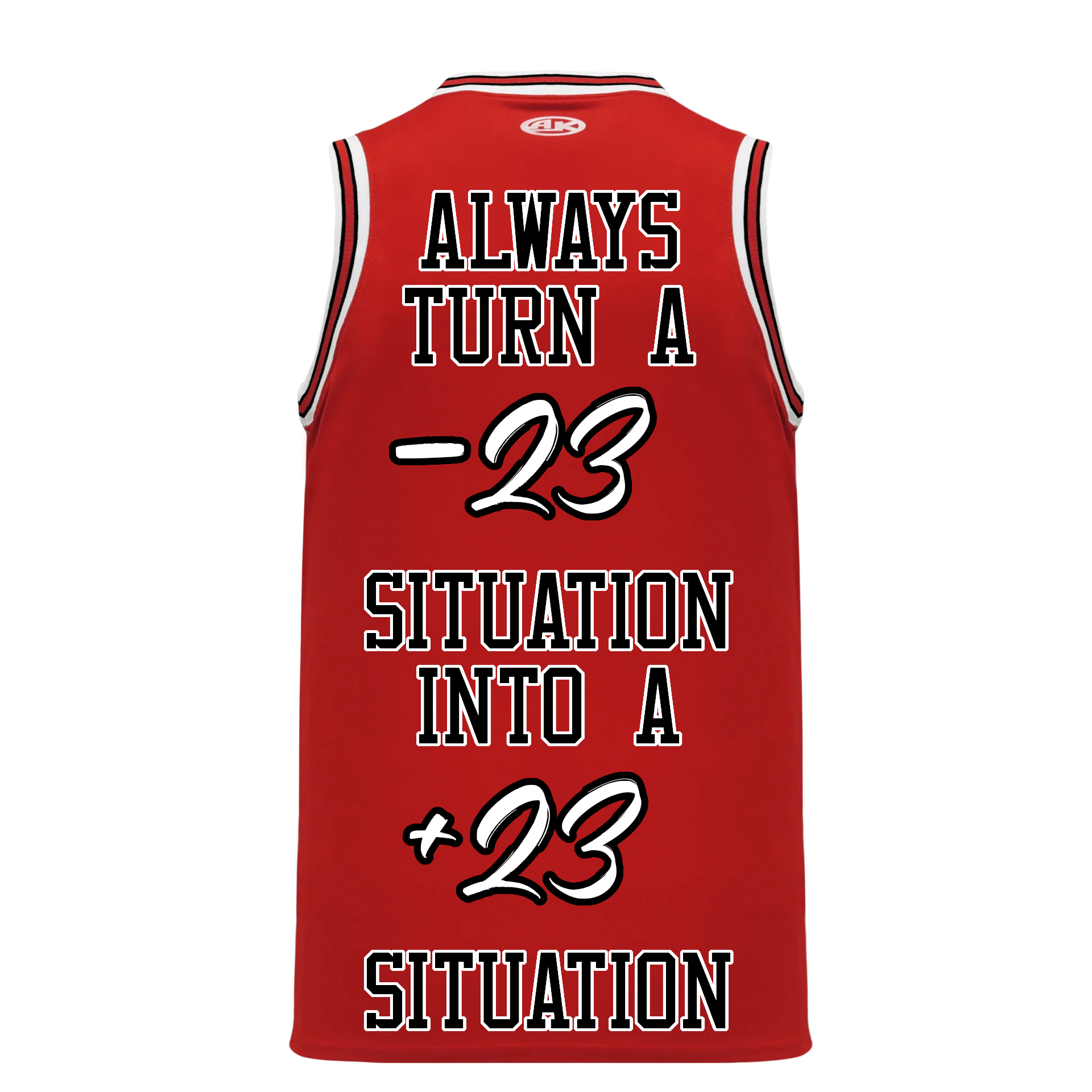 Michael Jordan Bulls Jersey with text that says Always turn a -23 situation into a +23 situation